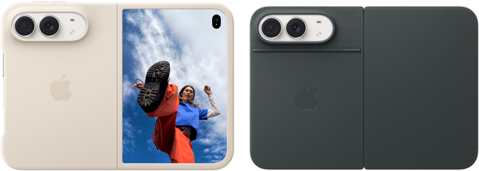 iPhone Duo, color blanco estrella con funda de silicón color arena, posición horizontal, completamente abierto, dos cámaras Fusion en la esquina superior izquierda, la funda cubre la parte posterior y la pantalla exterior, a la derecha se muestra el retrato de una persona en la pantalla exterior. iPhone Duo, color blanco estrella con la funda Folio azul marino, parte posterior con las dos cámaras Fusion de 48 MP, dos lentes