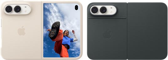 iPhone Duo, color blanco estrella con funda de silicón color arena, posición horizontal, completamente abierto, dos cámaras Fusion en la esquina superior izquierda, la funda cubre la parte posterior y la pantalla exterior, a la derecha se muestra el retrato de una persona en la pantalla exterior. iPhone Duo, color blanco estrella con la funda Folio azul marino, parte posterior con las dos cámaras Fusion de 48 MP, dos lentes