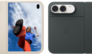 iPhone Duo, color blanco estrella con funda de silicón color arena, posición horizontal, completamente abierto, dos cámaras Fusion en la esquina superior izquierda, la funda cubre la parte posterior y la pantalla exterior, a la derecha se muestra el retrato de una persona en la pantalla exterior. iPhone Duo, color blanco estrella con la funda Folio azul marino, parte posterior con las dos cámaras Fusion de 48 MP, dos lentes