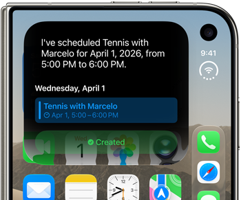 iPhone Duo, plegado, notificación de Siri AI que muestra una actualización del calendario en la pantalla exterior