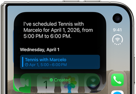 iPhone Duo, plegado, notificación de Siri AI que muestra una actualización del calendario en la pantalla exterior