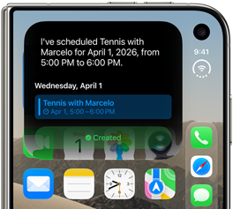 iPhone Duo, plegado, notificación de Siri AI que muestra una actualización del calendario en la pantalla exterior